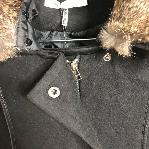 See You Soon Black/Navy Wool Blend Fur Collar Mid-Length Coat New - Picture 7 of 15